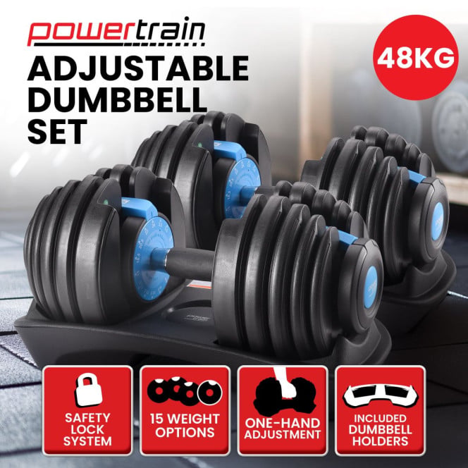 Powertrain 2x 24kg Blue Home Gym Adjustable Dumbbells Weights Image 12
