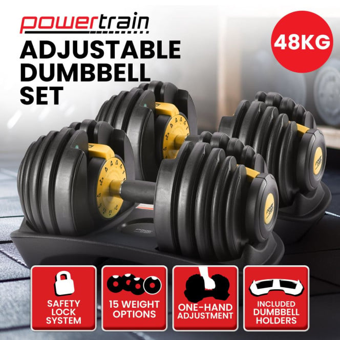 Powertrain 2x 24kg Gold Home Gym Adjustable Dumbbells Weights Image 12
