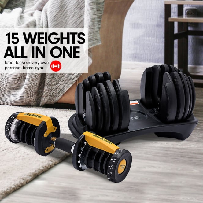 2x 24kg Powertrain Home Gym Adjustable Dumbbells - Gold Image 2