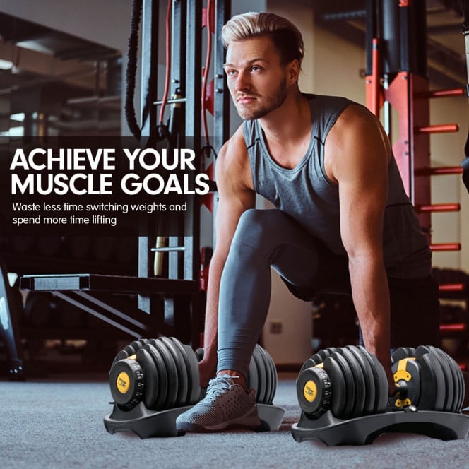 2x 24kg Powertrain Home Gym Adjustable Dumbbells - Gold Image 7