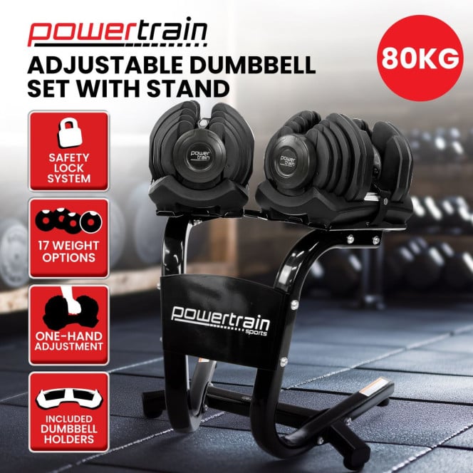 Powertrain 80kg Gen3 Adjustable Dumbbell Home Gym Weights with Stand Image 2