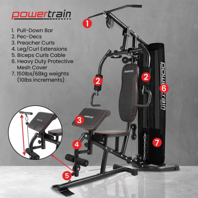 Powertrain Multi Station Home Gym with 68kg Weights Preacher Curl Pad Image 5