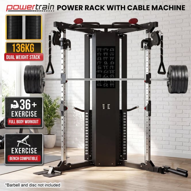 Powertrain Home Gym Station Functional Trainer Cable Power Rack 136kg Weight Stack