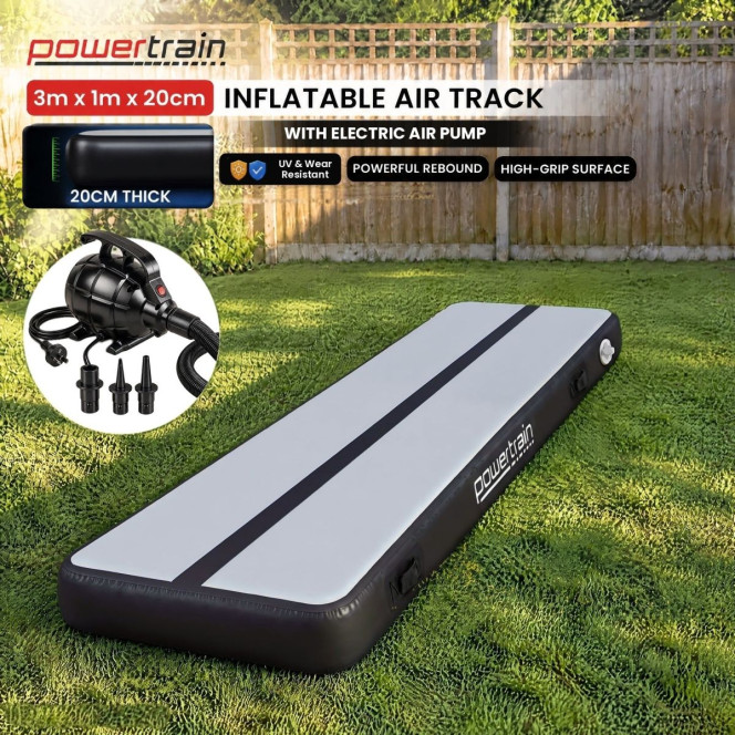 Powertrain 3m x 1m Inflatable Air Track 20cm Thick Gymnastics Exercise Tumbling Mat in Grey Black with Electric Pump