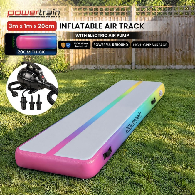 Powertrain 3m x 1m Inflatable Air Track 20cm Thick Gymnastics Exercise Tumbling Mat in Rainbow with Electric Pump