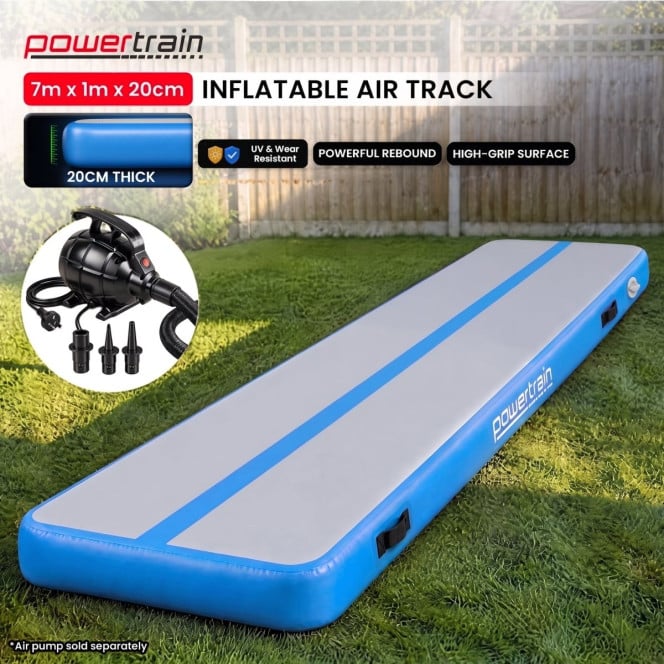 Air Track Powertrain 7m x 1m Inflatable Gymnastics Mat Tumbling - Grey Blue