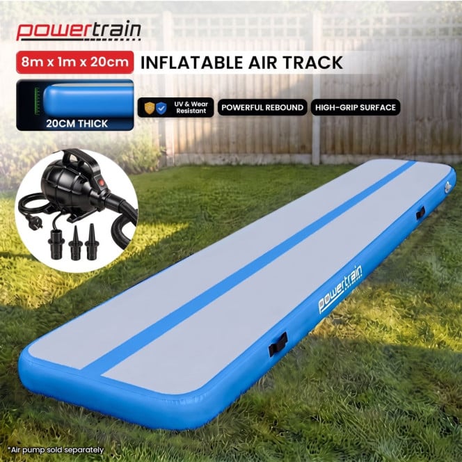 Air Track Powertrain 8m x 1m Inflatable Gymnastics Mat Tumbling - Grey Blue