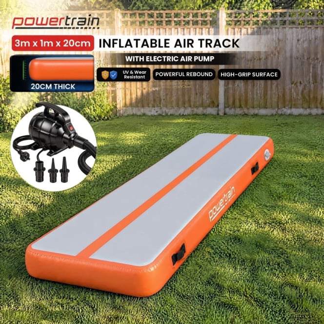 Powertrain 3m x 1m Inflatable Air Track 20cm Thick Gymnastics Exercise Tumbling Mat in Grey Orange with Electric Pump