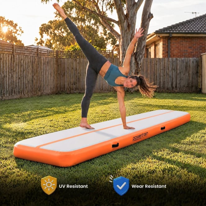 Powertrain 3m x 1m Inflatable Air Track 20cm Thick Gymnastics Exercise Tumbling Mat in Grey Orange with Electric Pump Image 9