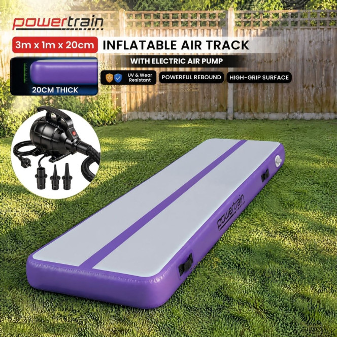 Powertrain 3m x 1m Inflatable Air Track 20cm Thick Gymnastics Exercise Tumbling Mat in Grey Purple with Electric Pump