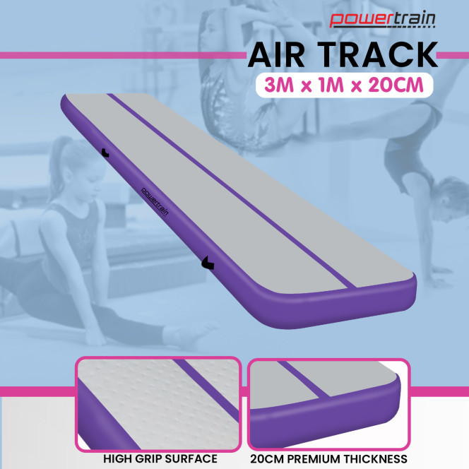 Powertrain 3m x 1m x 20cm Air Track Inflatable Tumbling Mat Gymnastics Exercise Purple Grey