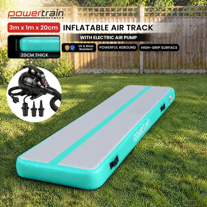 Powertrain 3m x 1m Inflatable Air Track 20cm Thick Gymnastics Exercise Tumbling Mat in Green with Electric Pump