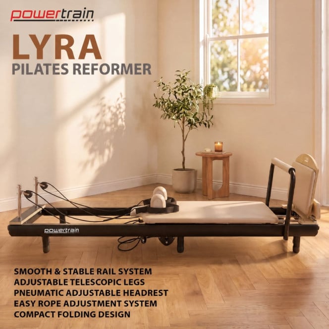 Powertrain Lyra Pilates Reformer Machine Foldable Multifunctional Home Gym Equipment Exercise Trainer Beige