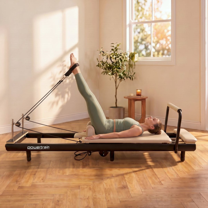 Powertrain Lyra Pilates Reformer Machine Foldable Multifunctional Home Gym Equipment Exercise Trainer Beige Image 6
