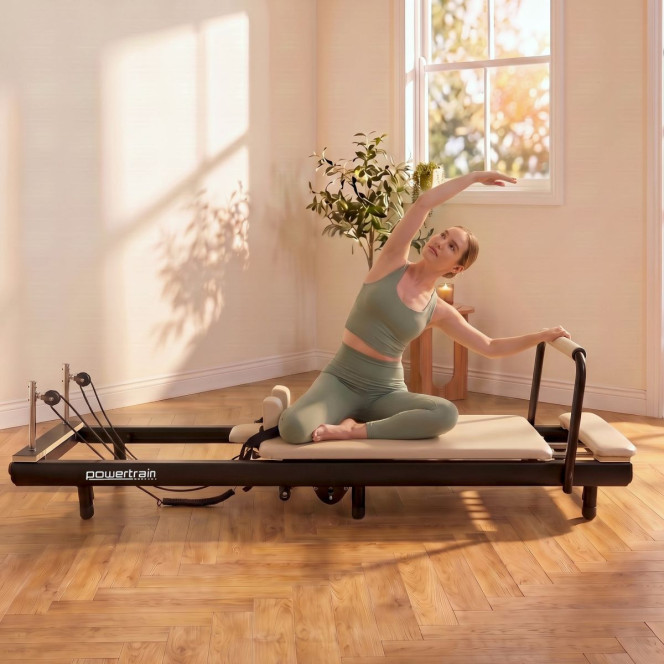 Powertrain Lyra Pilates Reformer Machine Foldable Multifunctional Home Gym Equipment Exercise Trainer Beige Image 8