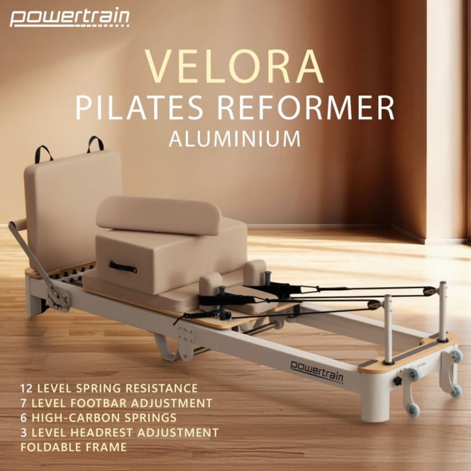 Powertrain Velora Pilates Reformer Machine Aluminium Foldable Multifunctional Home Gym Equipment Exercise Trainer Beige