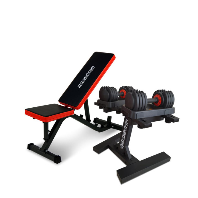 Powertrain Gen2 Pro 50KG Adjustable Dumbbell Set & Stand with Flat Incline Decline Bench Image 2