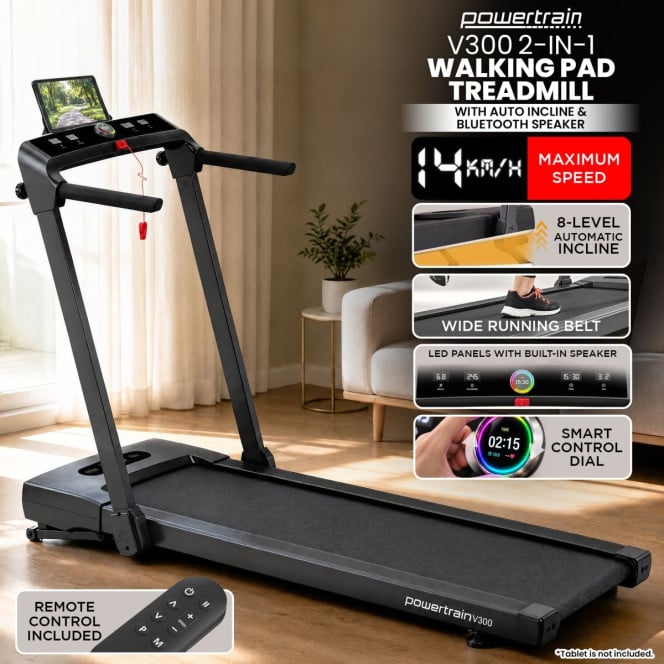 Powertrain V300 3.0HP Foldable 2-in-1 Walking Pad Treadmill with Auto Incline 14km/h Under Desk Running Machine