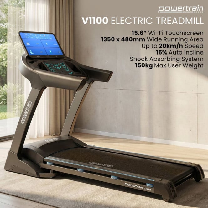Powertrain V1100 Treadmill Electric Exercise Machine 15.6 Wifi TFT Touch Screen Home Gym Cardio Running Fitness