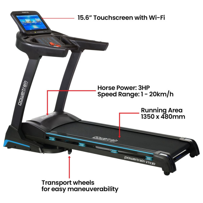 Powertrain V1100 Electric Treadmill with Wifi Touch Screen Power Incline Image 13
