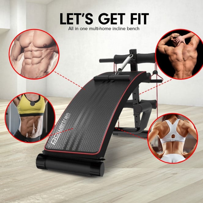 Powertrain Incline Decline Sit-Up Gym Bench with Resistance Bands and Rowing Bar Image 2