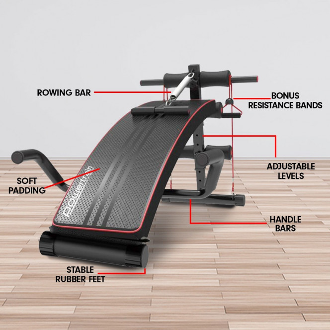 Powertrain Incline Decline Sit-Up Gym Bench with Resistance Bands and Rowing Bar Image 7