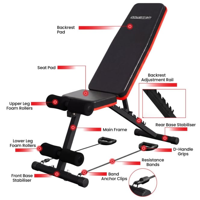 Powertrain Adjustable Weight Bench w/ Resistance Bands and 7 Backrest Positions Image 3