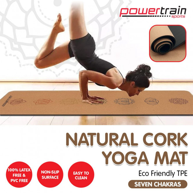 Powertrain Cork Yoga Mat with Carry Straps Home Gym Pilates - Chakras Image 6