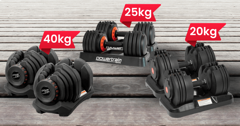 Adjustable dumbbells in different weights