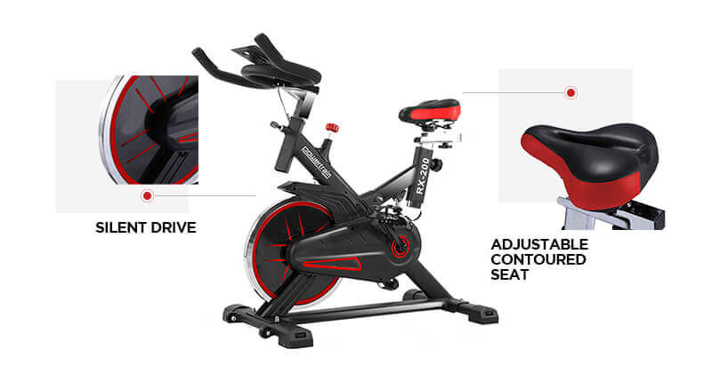 An exercise bike with a saddle and flywheel