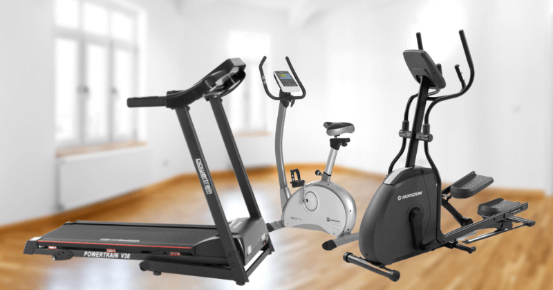 Various cardio equipment in a home gym