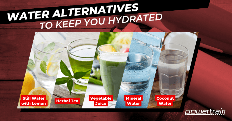 Various water alternatives including tea and vegetable juice